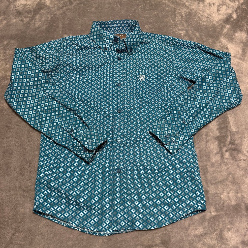 Ariat Boys Size M 10/12 Teal Geometric Diamond Print Western Button Down Shirt